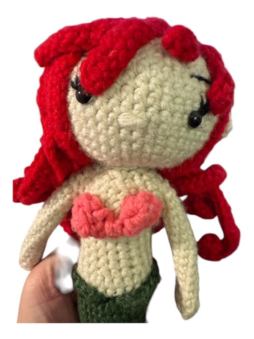 Handmade Crochet Mermaid Doll Plush Toy Red Hair Green Tail Cute Gift - Picture 3 of 3